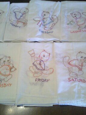 7 Vintage Hand Embroidered BOTH ENDS Kitchen Towels CATS Days of The Week
